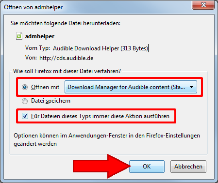 Öffnen von admhelper mit Audible Download manager