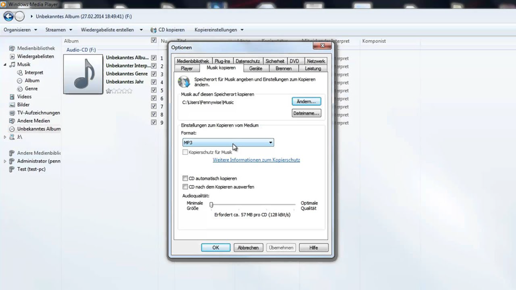 Windows Media Player MP3 bestätigen