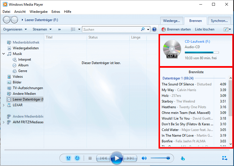 Amazon Music auf CD brennen mit Windows Media Player