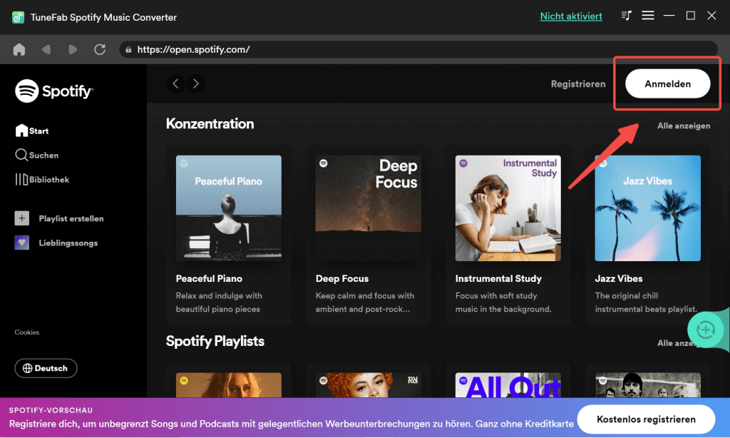 TuneFab Spotify Konto anmelden